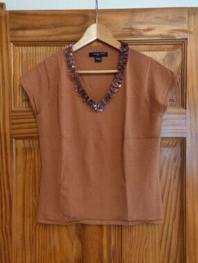 august silk Copper-Brown V-Neck Cap Sleeve Top with Sequin Trim